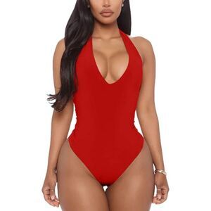 Sexy Sleeveless Halter V Neck Backless Leotard Bodysuit Tops, S, 4D-144T003